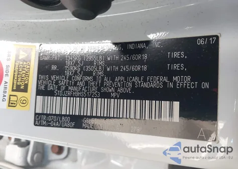 2017 Toyota Highlander Xle from USA, damaged, VIN 5TDJZRFH9HS517253
